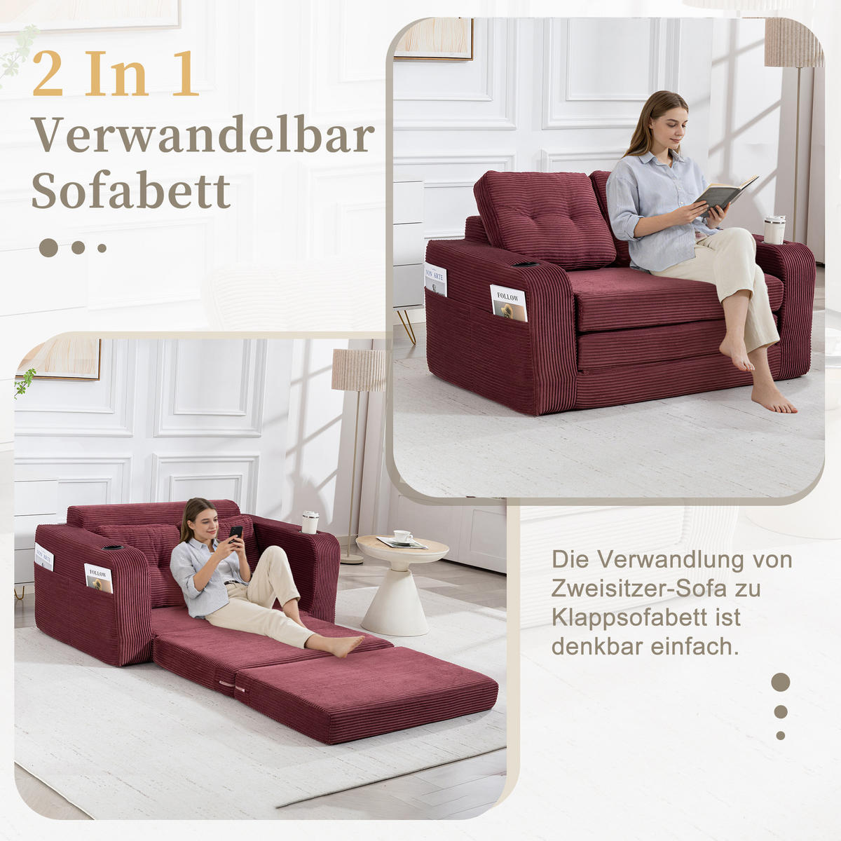 SCHLAFSOFA in Rotwein Cord mit Getränkehalter und Seitentaschen - Weinrot, Textil (136/82.5/80cm) - Oxeza