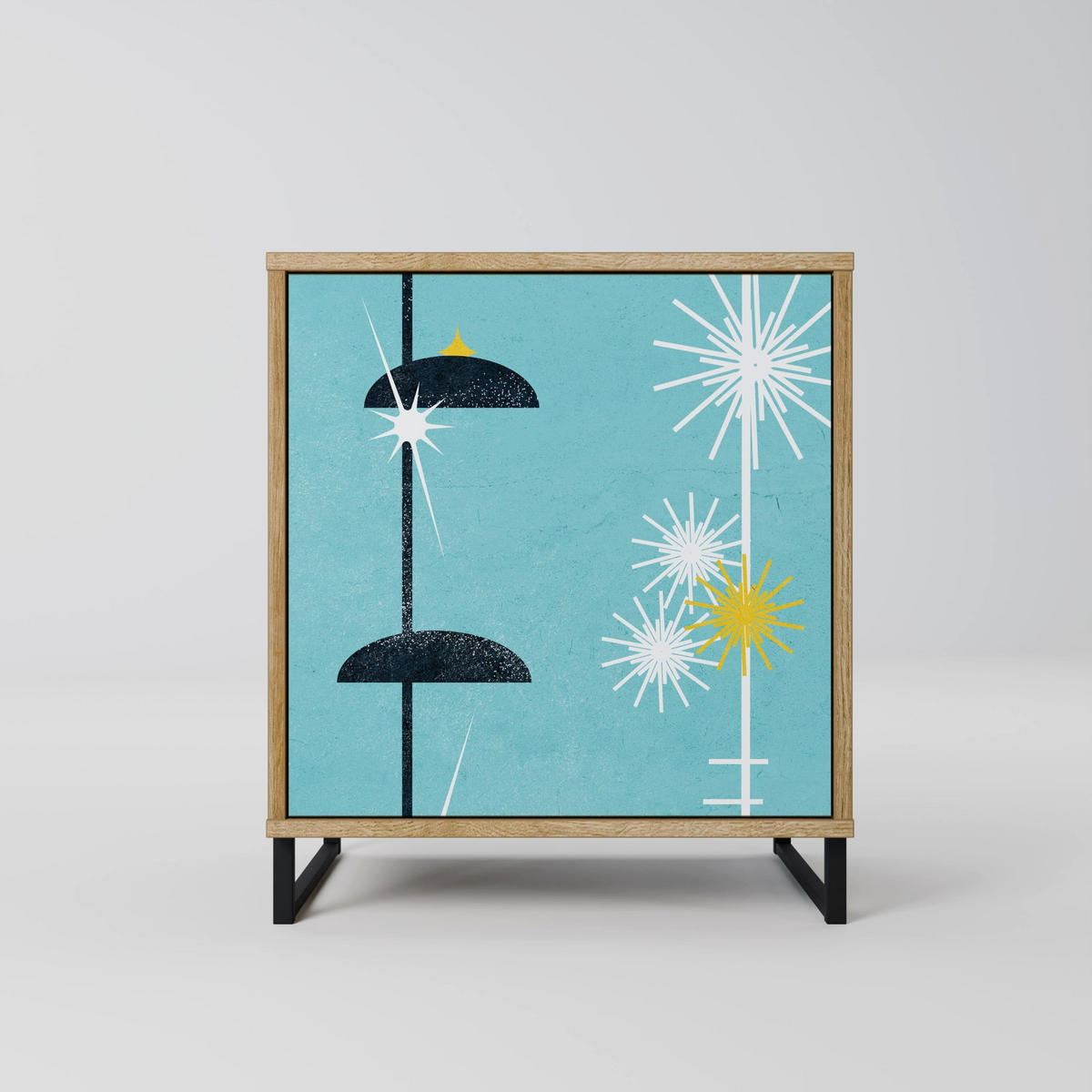 SIDEBOARD PATHS TO HAPPINESS, Eichefarben, 57,5x42x67,5 cm, Schwarze Metall-Rahmenfüße - Eichefarben/Multicolor, Holzwerkstoff/Metall (57.5/67.5/42cm) - SpaceRebels