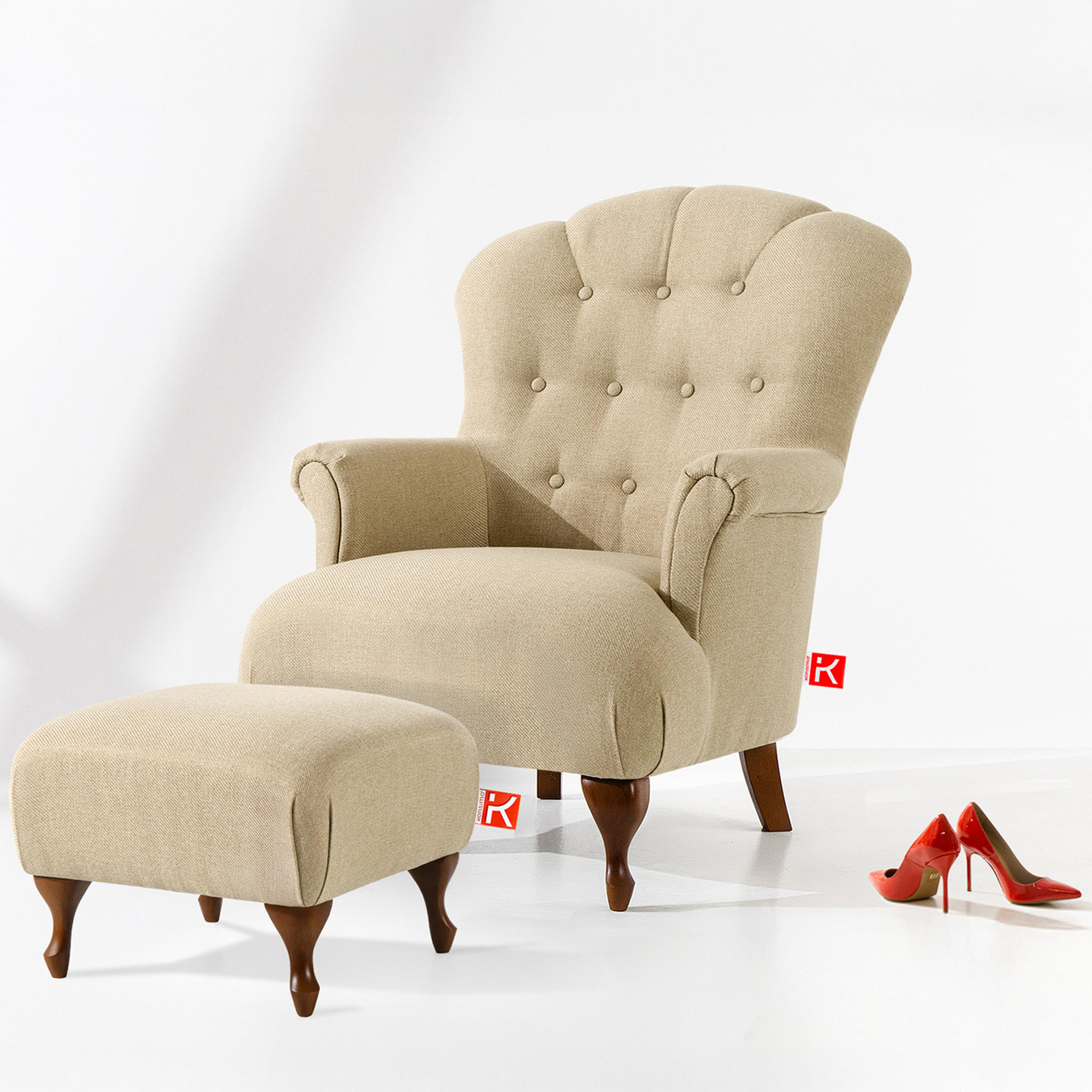 SESSEL MIT FUẞSTÜTZE TOMIS, Beige - Beige/Braun, Eichenholz/Holz (76/101/83cm) - KONSIMO®