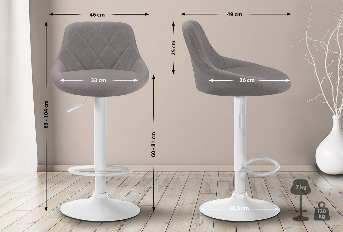 BARHOCKER Stoff grau - Weiß/Grau, Textil/Metall (46/83/49cm) - CLP