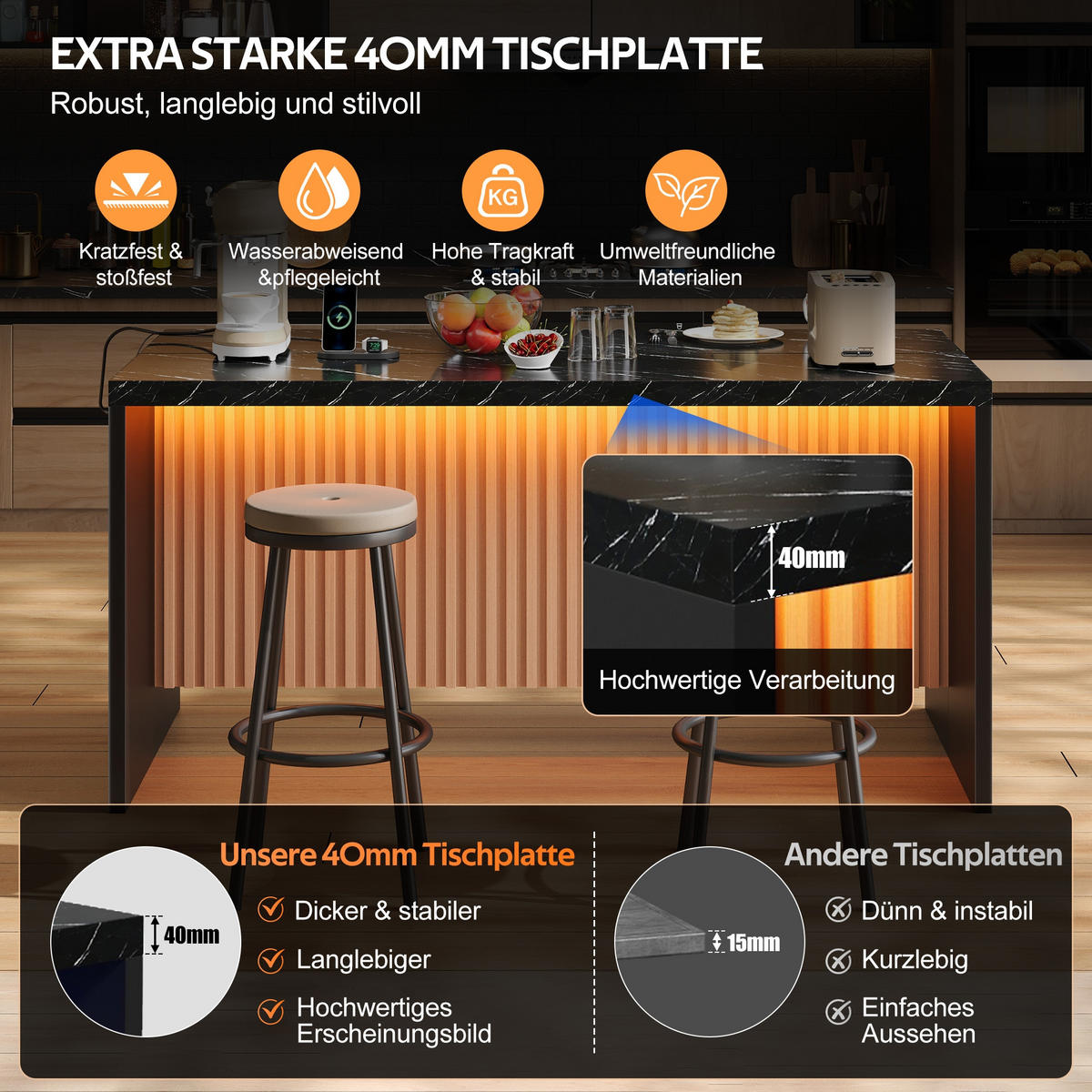 KÜCHENINSEL 155/80/90 cm Schwarz mit LED-Leuchten, 2 Steckdosen und 2 USB-Anschlüsse - Schwarz, Holz/Holzwerkstoff (80/90/155cm) - Oxeza
