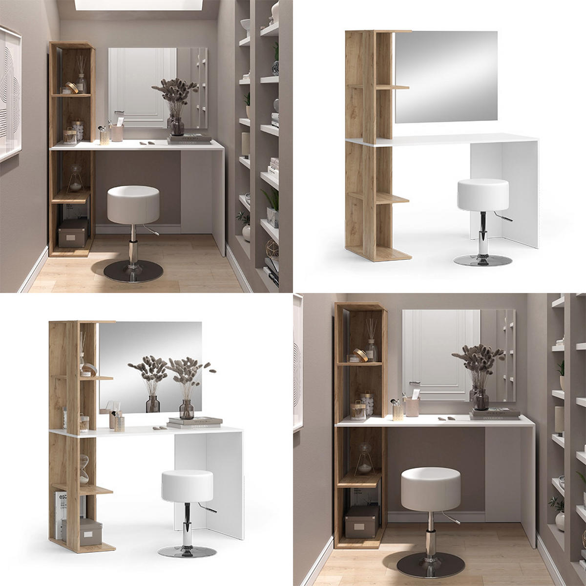 SCHMINKTISCH Tower Weiß/Sonoma 122.2 cm mit Hocker - Weiß/Sonoma Eiche, Holzwerkstoff (122.2/75.8/55.2cm) - Vicco