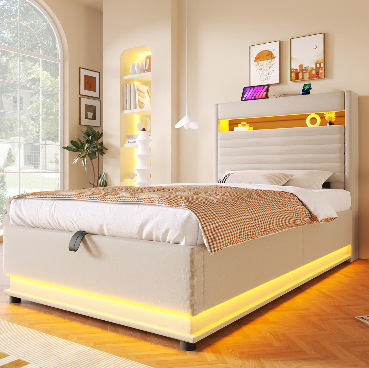 POLSTERBETT 90/200 cm Beige mit LED-Beleuchtung, USB- und Typ-C-Anschluss, hydraulischem Stauraum aus Leinen - Beige, Textil (90/200cm) - OKMYHOME