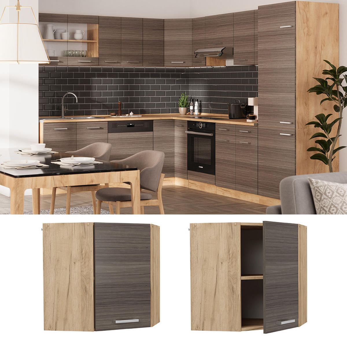 ROHOVÝ VĚŠÁK NA STĚNU R-Line Ušlechtilá šedá - šedá/medově dubová, kompozitní dřevo (57/60/34.1cm) - Vicco