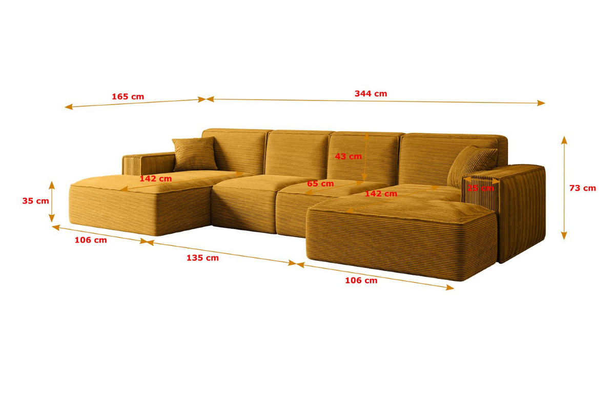 WOHNLANDSCHAFT SIERRA-U - 344x165x73 cm Senfgelb Cord - Gelb/Schwarz, Holzwerkstoff/Kunststoff (344/73/165cm) - ALTDECOR