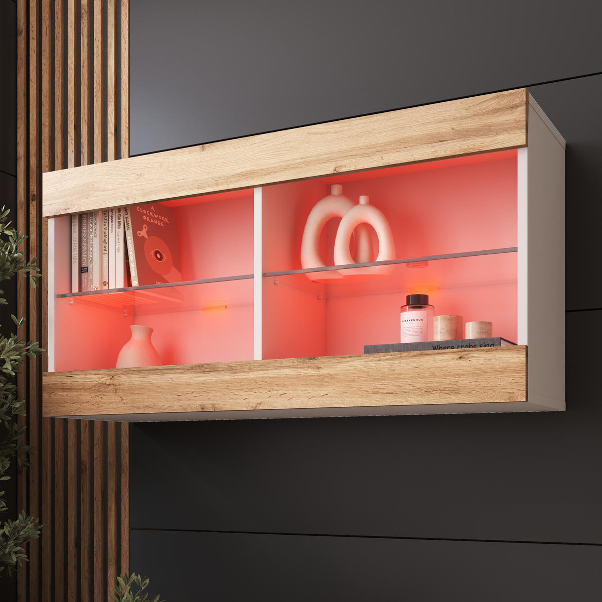 HÄNGEVITRINE TIVOLI HORIZONTAL 100, Wotan, LED Mehrfarbige - Eiche Wotan/Weiß, Glas/Holzwerkstoff (100/50/29.5cm) - Komodee