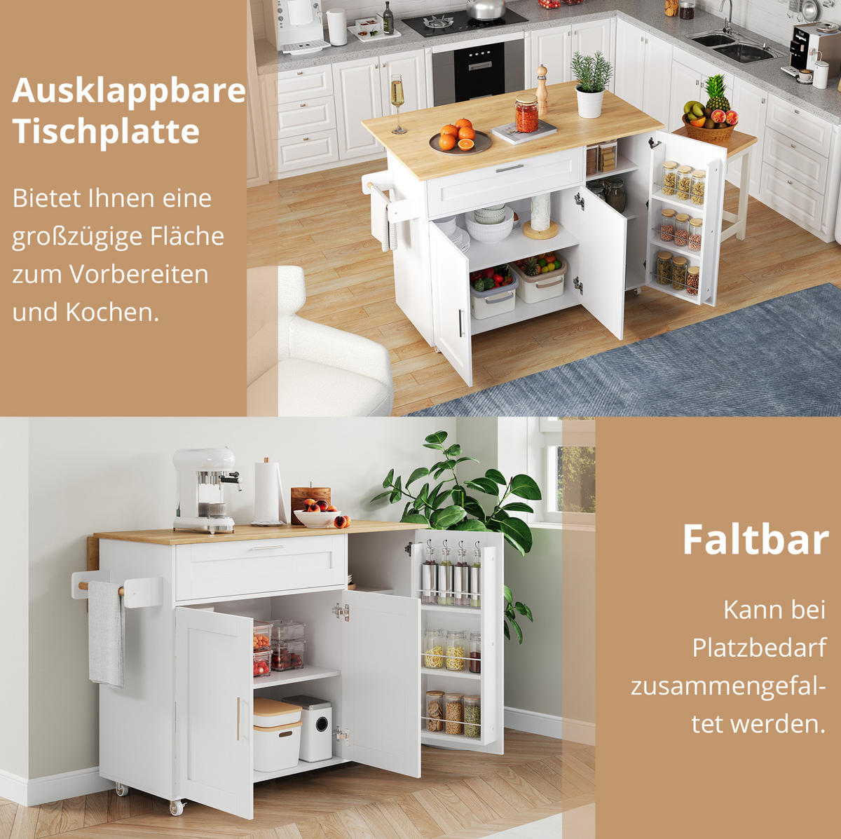 KÜCHENWAGEN 132.5x70x90cm Eiche Optik mit Klappplatte, Schublade & 5 Rollen - Weiß, Holzwerkstoff (132.5/90/70cm) - Modfu