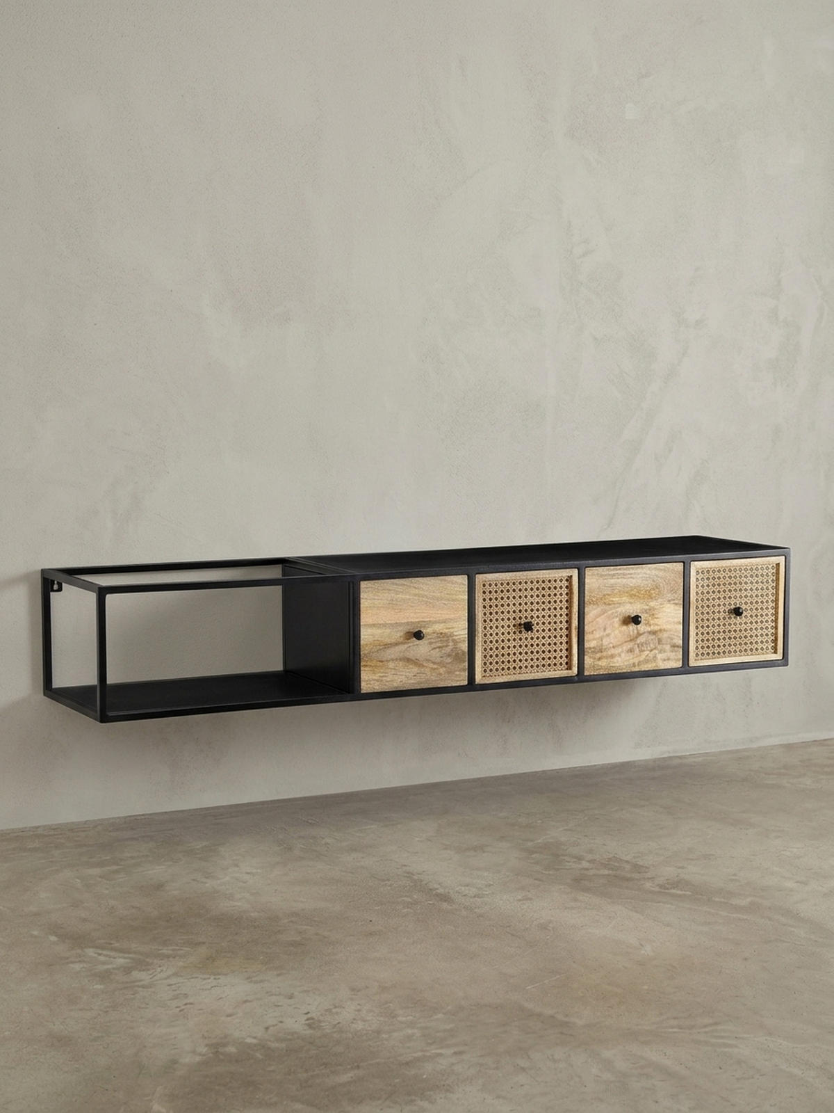 LOWBOARD Hängend Mango Massivholz Metall Modern Stil mit Schubladen und Rattan-Fronten - Schwarz, Holz/Metall (150/25/35cm) - KADIMA DESIGN