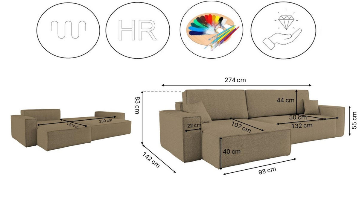 ECKSOFA Mit Schlaffunktion Und Bettkasten, Eckcouch BEST XL Stoff Quelle Hellbraun Links - Hellbraun/Schwarz, Holz/Kunststoff (142/274cm) - Kaiser Möbel