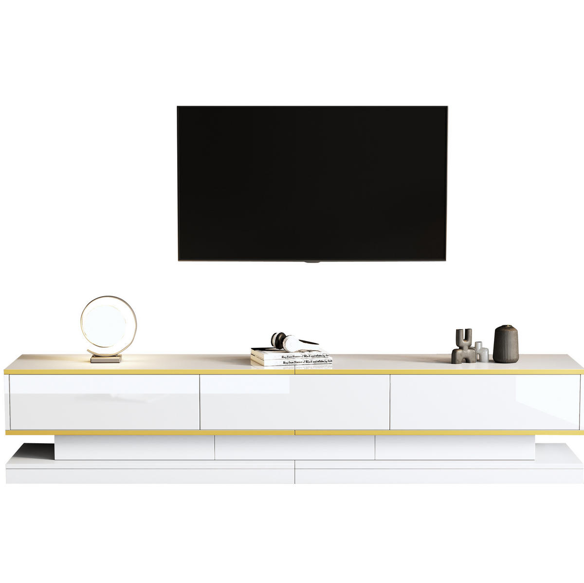 TV stolek a Jídelní stůl 200/40/40 cm a 100/50/38 cm s lesklým povrchem, 3+2 zásuvkami a zlatým okrajem, Teplá bílá - bílá, kompozitní dřevo (200/40/40cm) - Redom