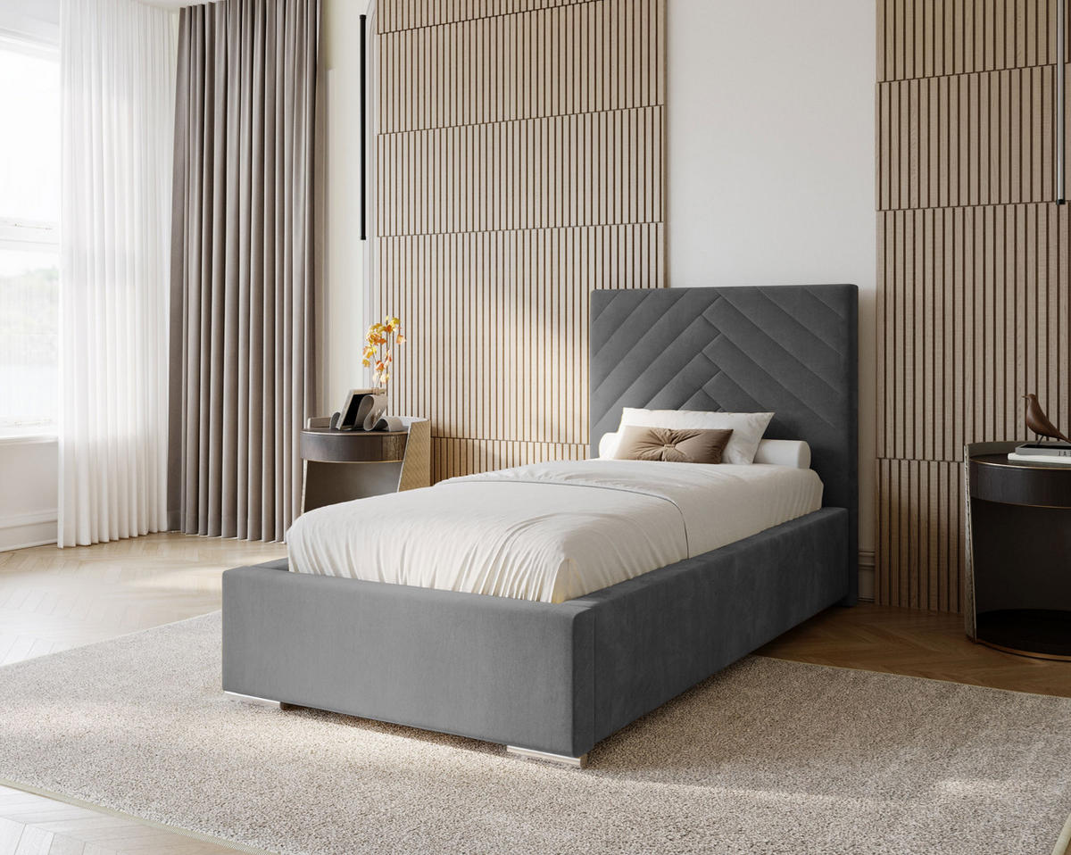 POLSTERBETT Aura 90x200 cm, Einzelbett mit Bettkasten und Lattenrost aus Holz, Velourstoff: Dunkelgrau - Dunkelgrau, Holz/Kunststoff (90/200cm) - Marpur