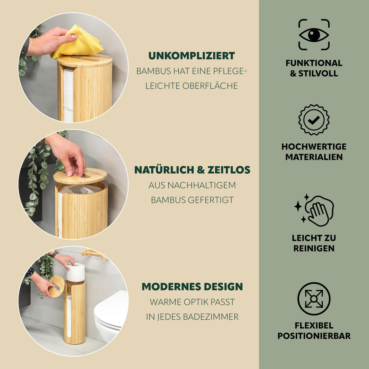 TOILETTENPAPIERAUFBEWAHRUNG, für 4 Rollen, Bambus - Braun, Holz (14.5/42/14.5cm) - eluno