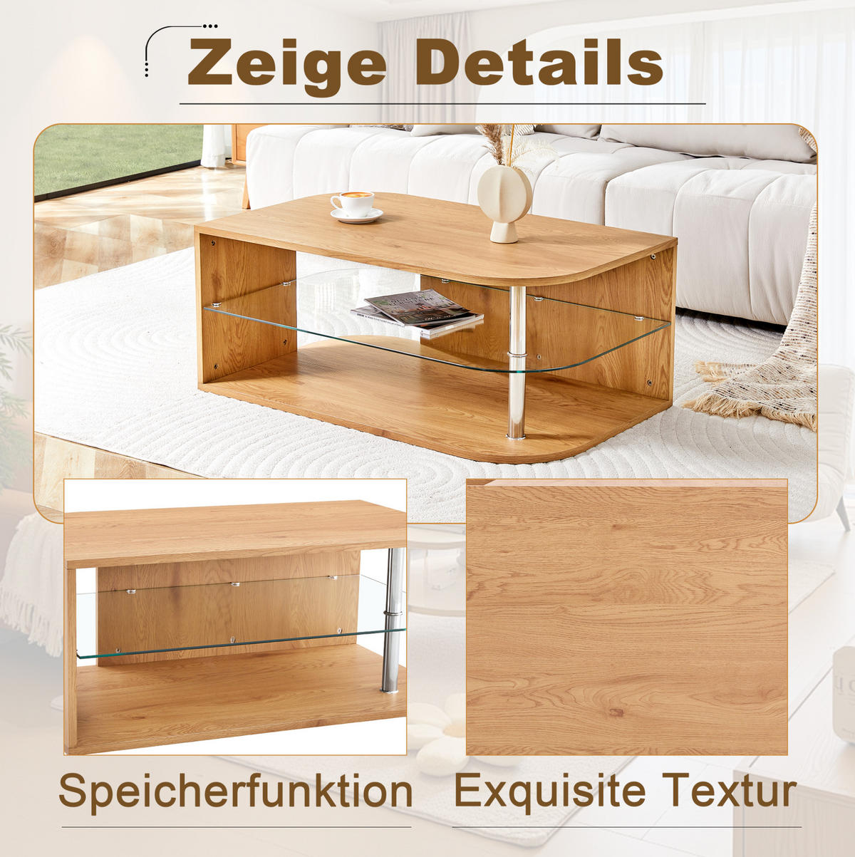COUCHTISCH 100/60/42 cm in Naturholzoptik aus MDF und Glas mit Stauraum - Naturfarben, Holzwerkstoff (100/60/42cm) - OKMYHOME