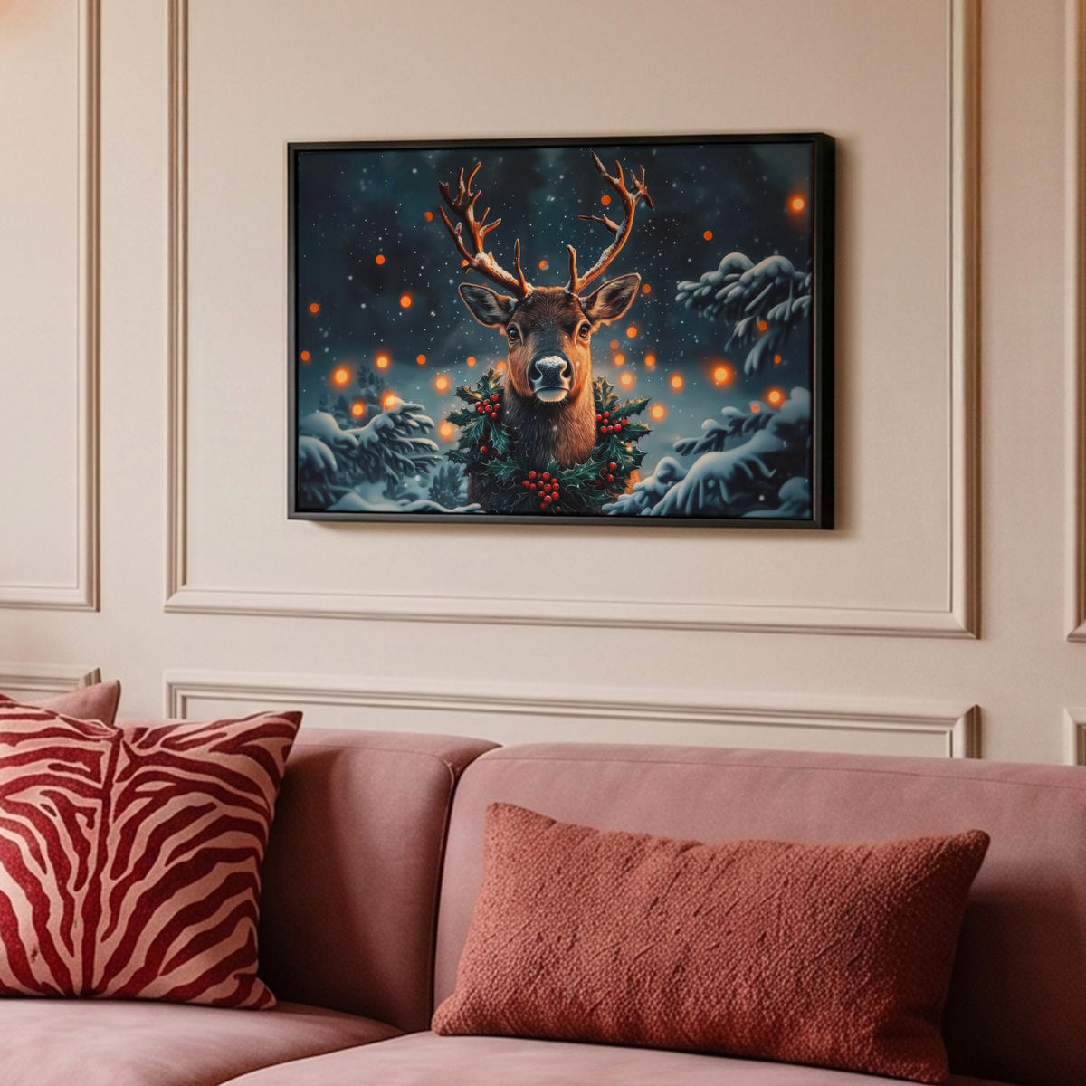 LEINWAND Bilder mit Rahmen - Hirsch - Weihnachten - Winter - Schnee - Weihnachtskranz - 60x40 - Dunkelbraun, Textil (60/40cm) - MuchoWow