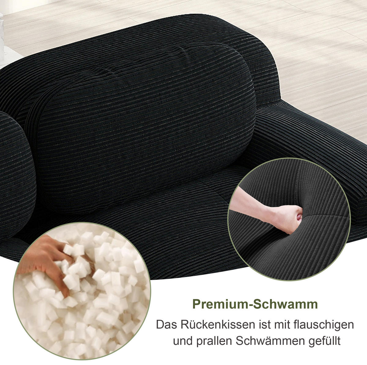 SOFA 298/103/70 cm in Schwarz aus Cord mit rutschfester Unterseite - Schwarz, Textil (103/70/298cm) - Flora Grace