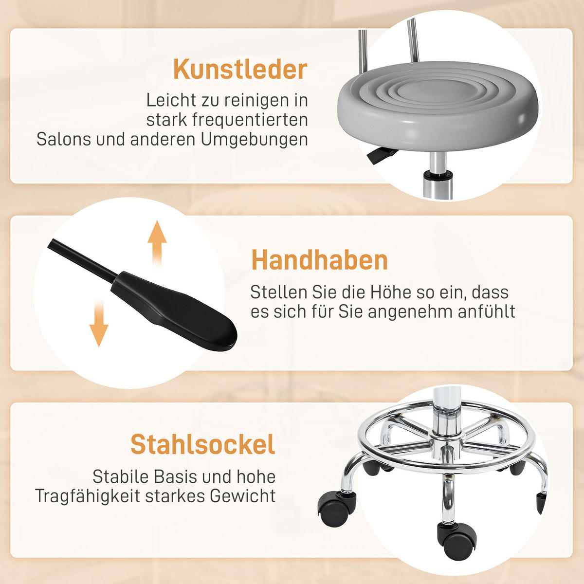 ROLLHOCKER höhenverstellbar Drehhocker Drehbar Salon Hocker mit Lehne, Rädern - Silberfarben/Grau, Kunststoff/Textil (32/86/40cm) - HOMCOM