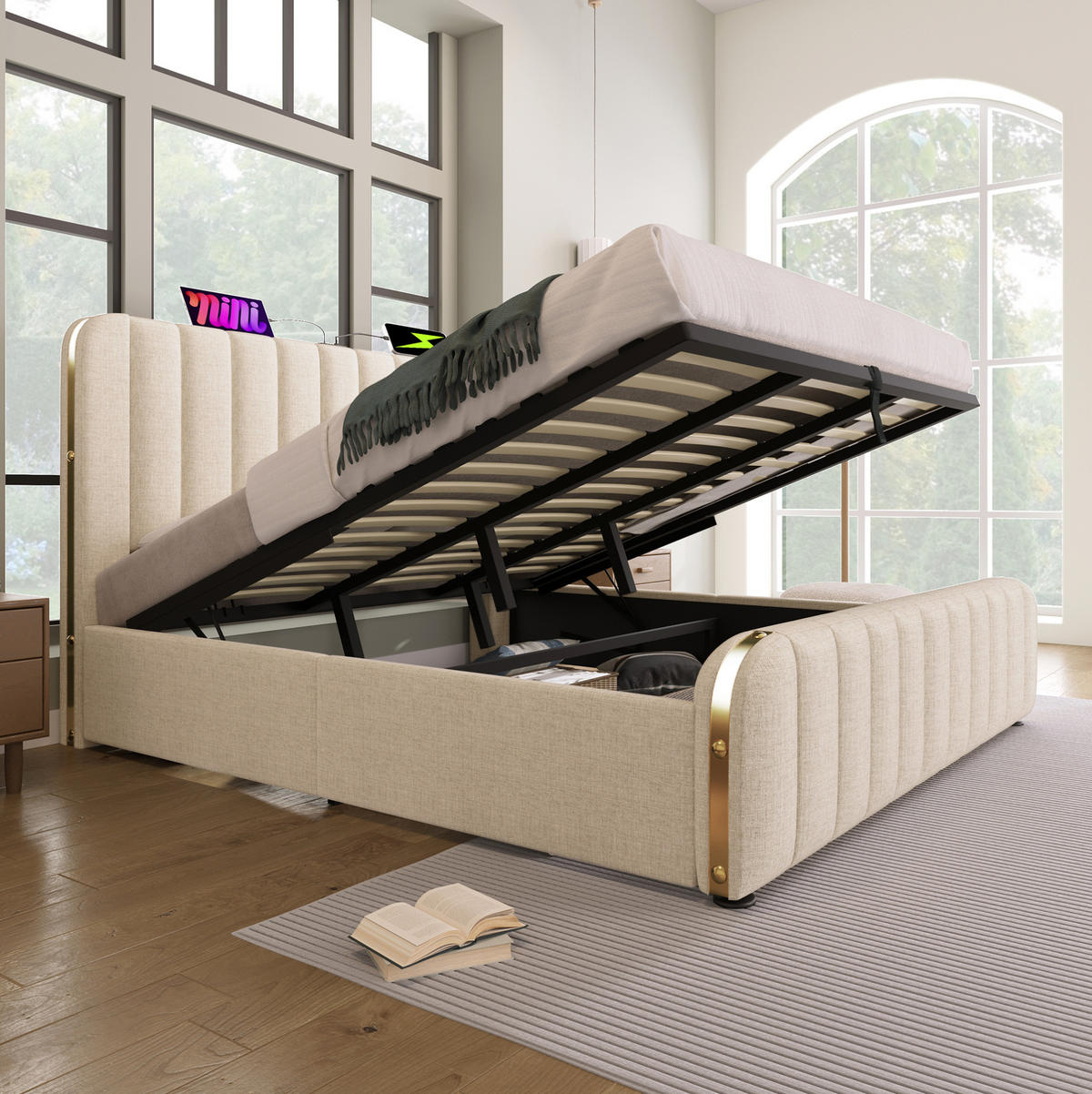 POLSTERBETT mit hydraulischem Stauraum 180x200 cm Leinen Beige mit Matratze - Beige, Metall (180/200cm) - Beauniv