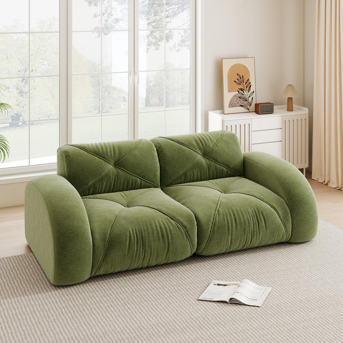 2-SITZER-MODULSOFA rahmenlos mit 32D-Schaumstoff, petfreundlichem Chenille-Bezug und rutschfestem Design, Grün - Grün, Textil (204/76/95cm) - Redom