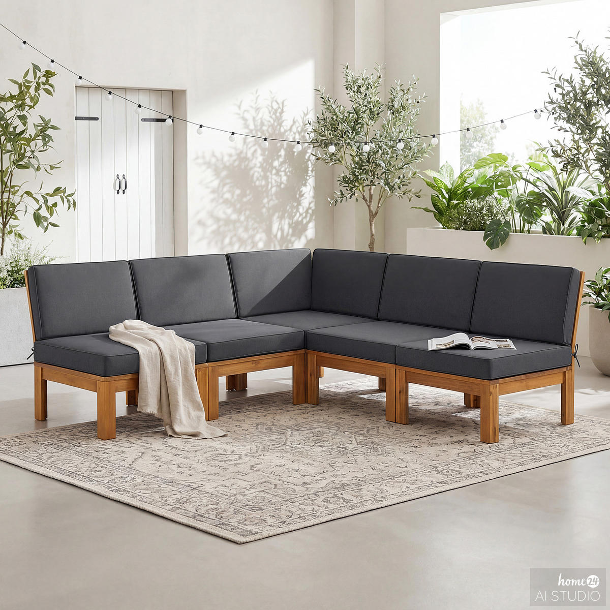 LOUNGESESSEL - Webstoff / Akazie massiv - Anthrazit, Holz/Textil (60/73/71cm) - home24