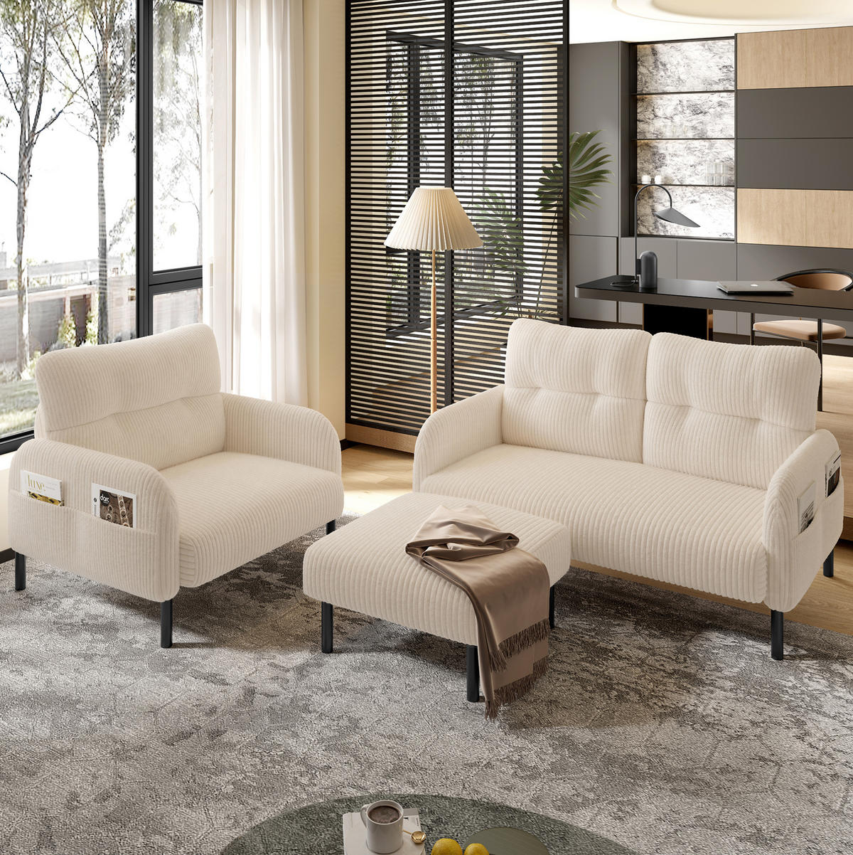 SOFA 2-Sitzer 120 x 75 x 79 cm Cord Beige mit Seitentasche - Beige, Kunststoff (120/79/75cm) - Meubliv