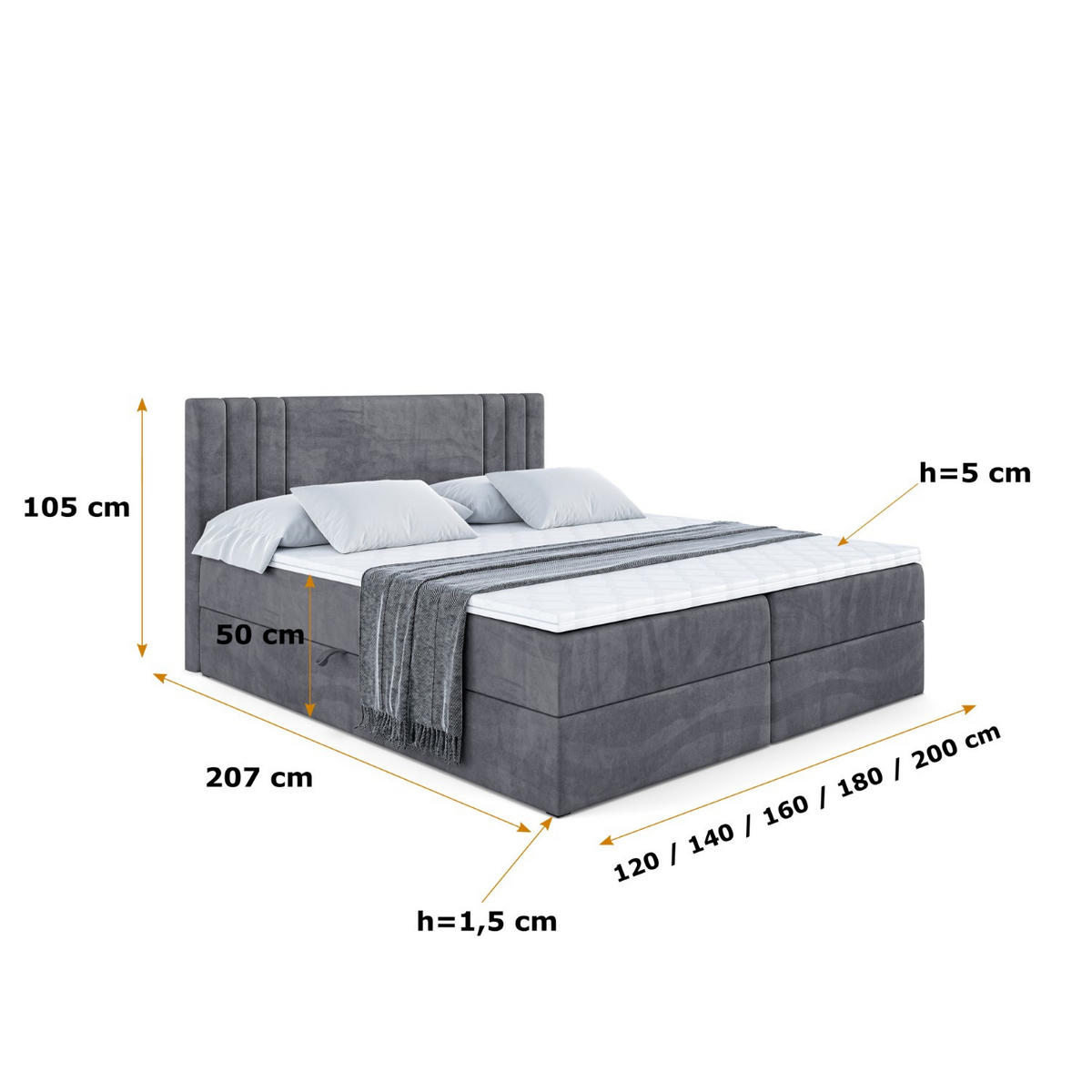 BOXBETT mit Matratze H3 und Lattenrost - IDRIKO - 200x200 cm Dunkelgrau - Dunkelgrau, Holzwerkstoff (200/200cm) - ALTDECOR