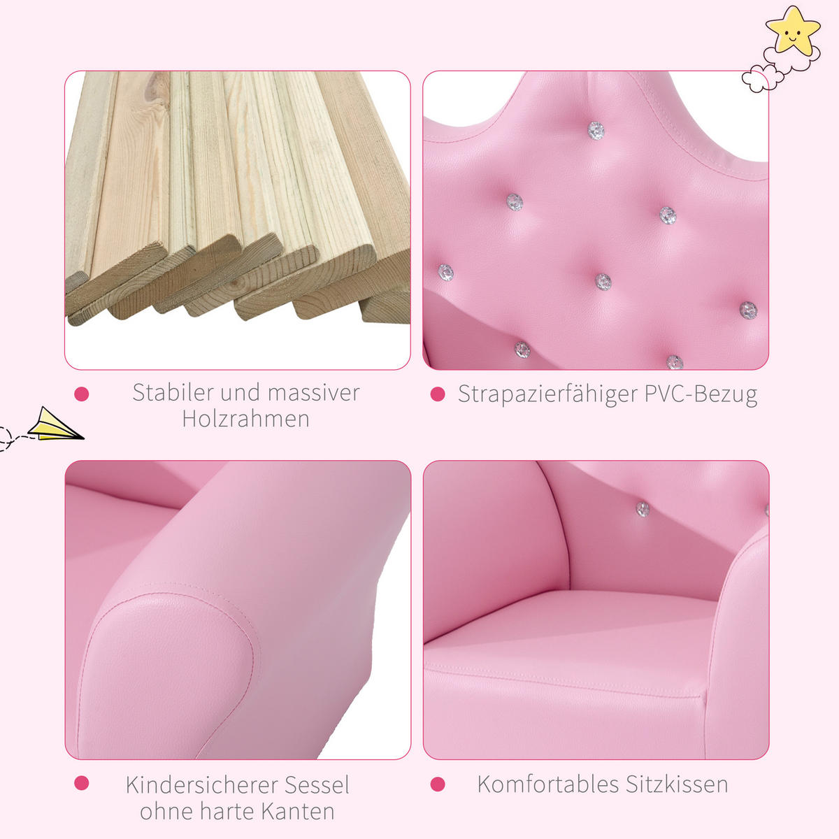 KINDERSESSEL, Rosa, Schwamm + Holz - Rosa, Holz (405/49/58cm) - HOMCOM