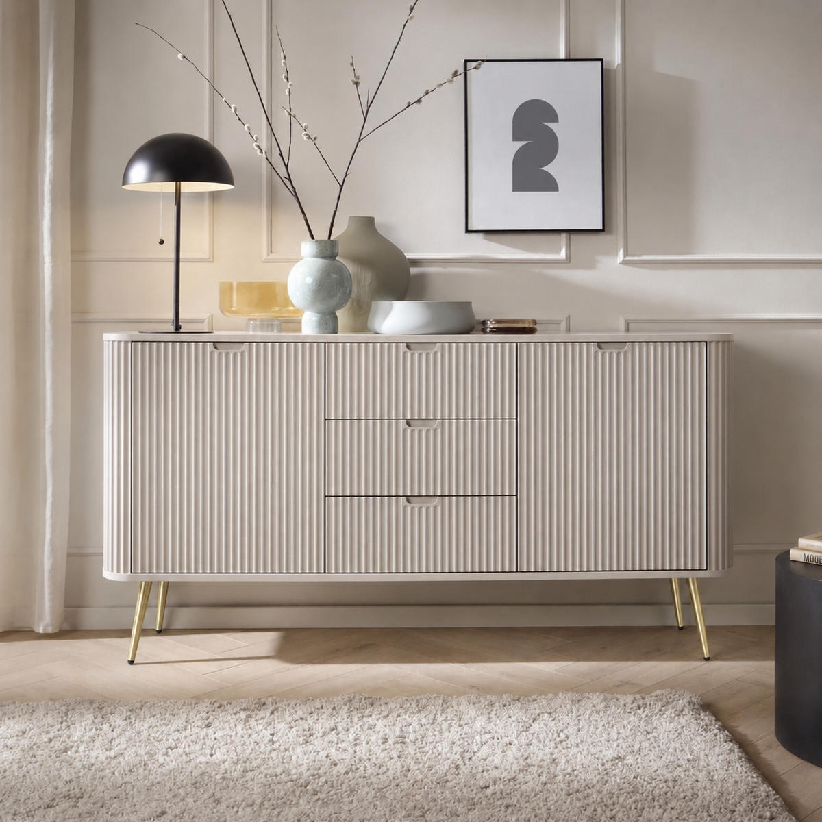 KOMMODE PORTO (Oval, Rillenfront, Cashmere Matt, Goldene Füße) - Kaschmir/Goldfarben, Holz/Holzwerkstoff (168/87/39cm) - Ravio