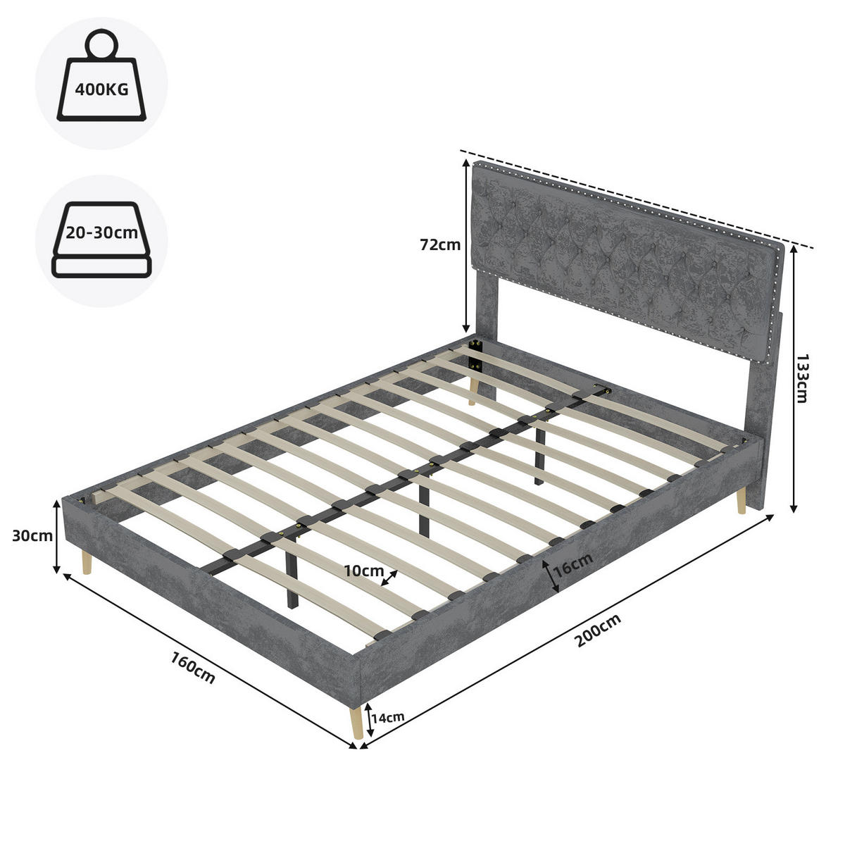 POLSTERBETT 160/200 cm grau aus Stoff und Metall mit hohem Kopfteil - Grau, Textil (160/200cm) - OKWISH
