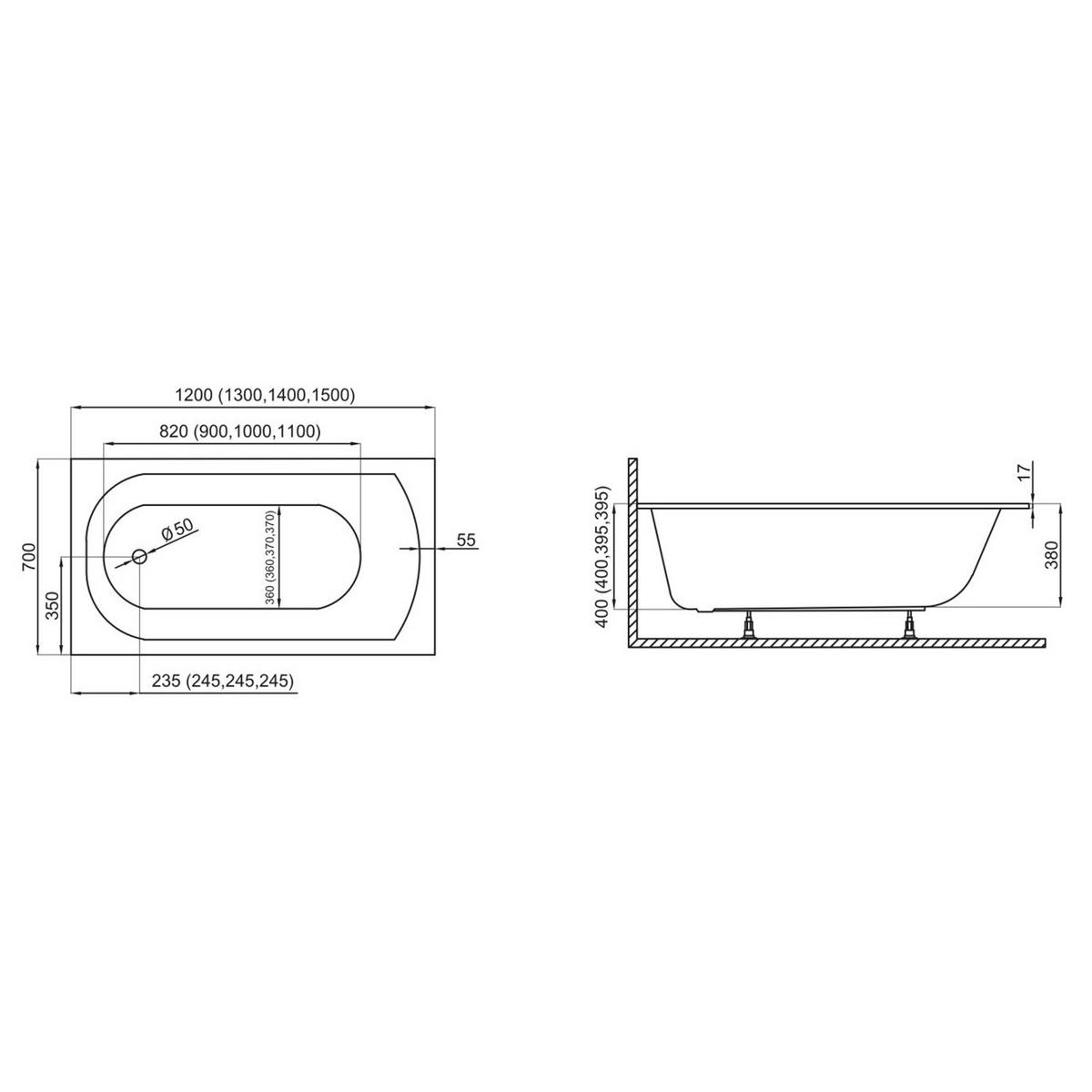 BADEWANNE Rechteck CLASSIC SLIM 150/70 mit Styro Ablauf Füße - Weiß, Kunststoff (70/54.5/150cm) - bad land