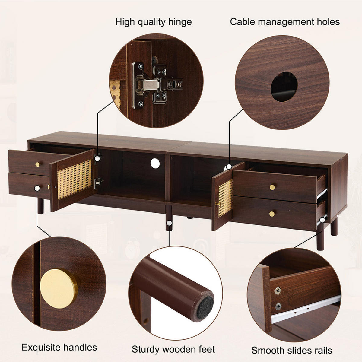TV-SCHRANK 180cm dunkle Holzoptik Rattantüren 4 Schubladen bis 80 Zoll - Braun, Holz (44.45/15.24/104.14cm) - FLIEKS