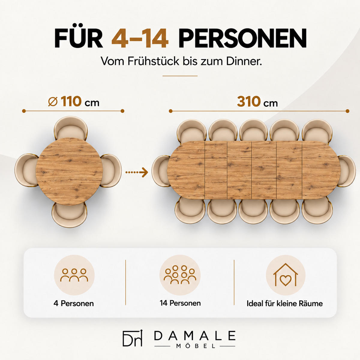 ESSTISCH rund ausziehbar 110/310/76 cm, Eiche Craft, 54 cm Tischplatte + X Metallbeine Schwarz - Eichefarben, Holzwerkstoff/Metall (110/310/76cm) - Damale Möbel