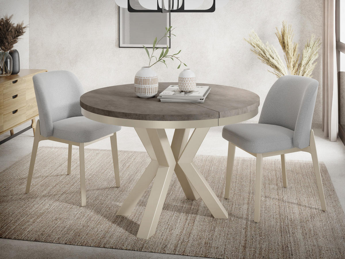 ESSTISCH Clara Beige Cashmere runder ausziehbarer, Dunkelgrauer Chicago Beton 100-180/100/76 cm - Kaschmir/Dunkelgrau, Holzwerkstoff/Metall (100/100/76cm) - WFL GROUP