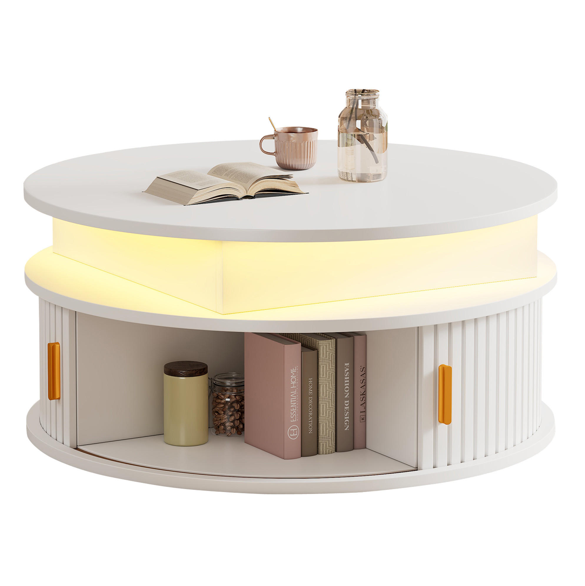 COUCHTISCH 75/75/52 cm aus MDF, höhenverstellbar mit LED-Beleuchtung, Rollladentüren und Stauraum, Weiß - Weiß, Holzwerkstoff (75/75/52cm) - Modfu