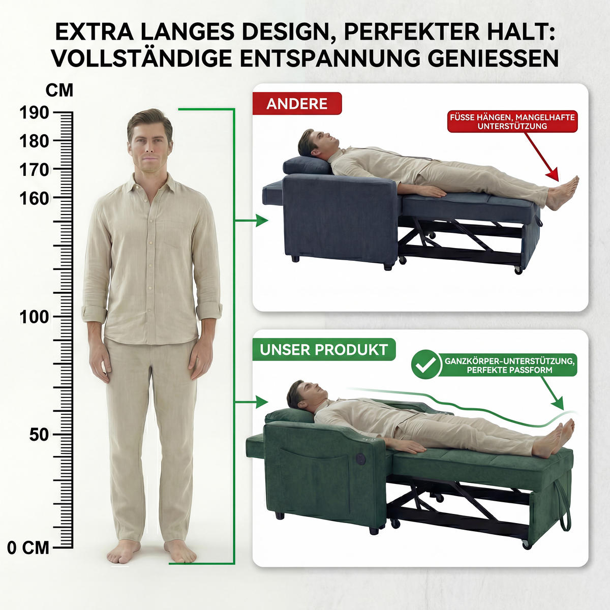 RELAXSESSEL 190/85/86 cm Grün mit USB-/Typ-C-Anschluss und Seitentasche - Grün, Textil (190/86/85cm) - Oxeza