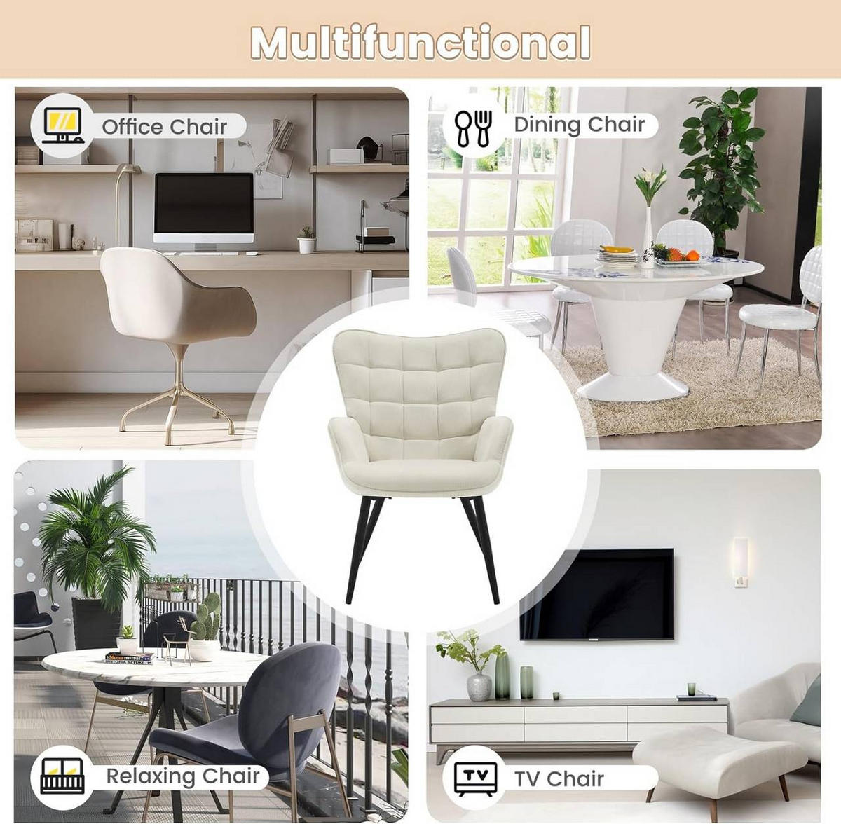 RELAXSESSEL mit Cordbezug , Metallbeine, Cremeweiß - Creme/Schwarz, Textil/Metall (63.5/87/68cm) - Woltu