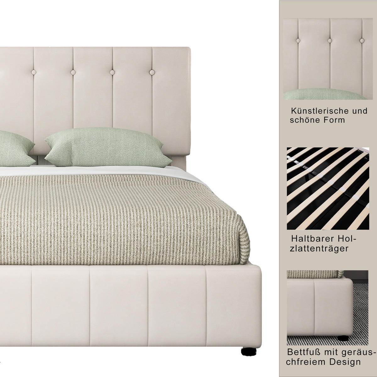 POLSTERBETT 140x200 Hydraulisch Stauraum Kopfteil Samtstoff Cremeweiß - Creme, Holzwerkstoff - FLIEKS