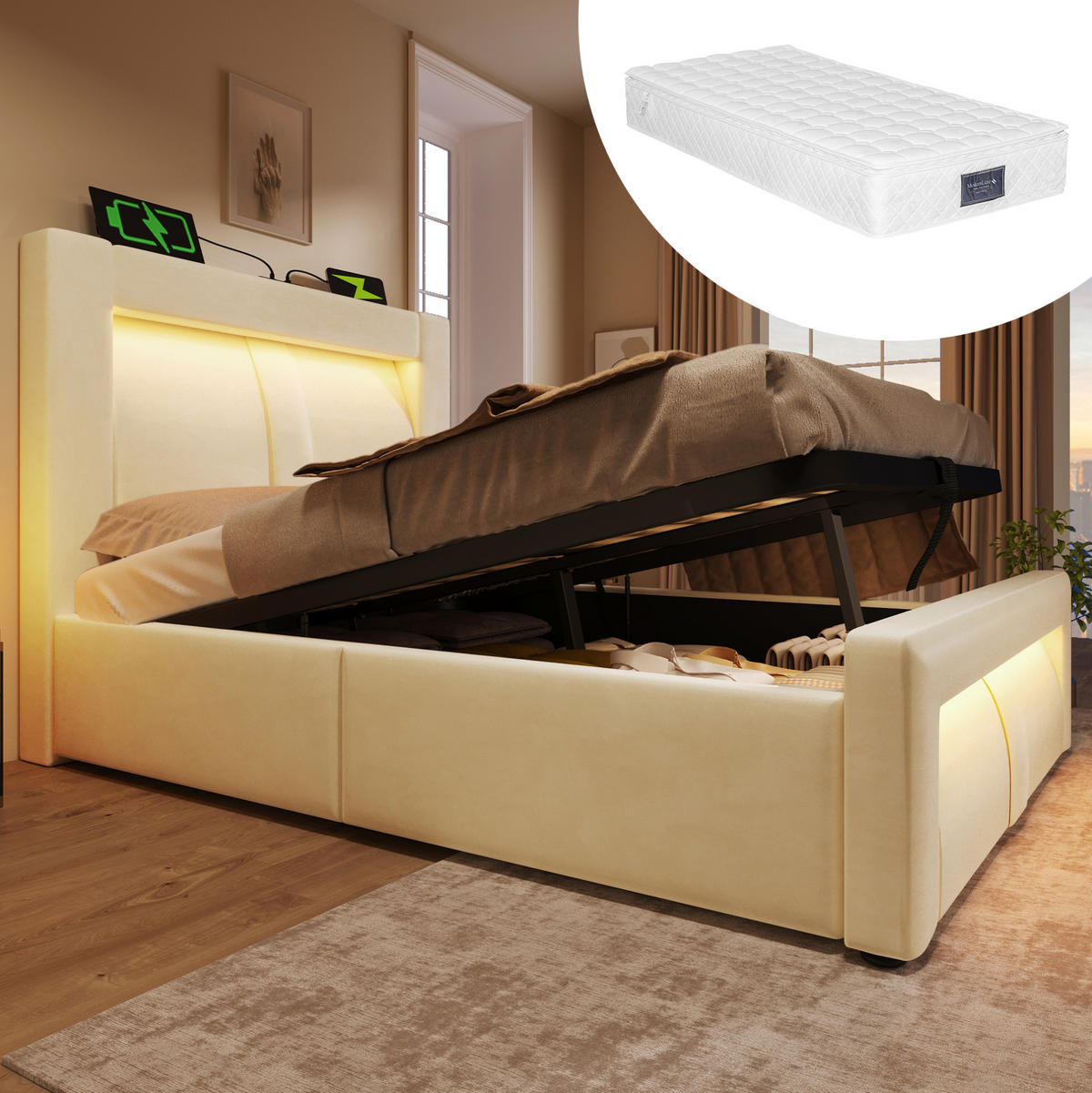 POLSTERBETT aus Samt 90x200 cm Beige mit Bettkasten, LED-Beleuchtung, USB- und USB-C-Anschlüssen, Matratze - Beige, Textil (90/200cm) - IVMEU