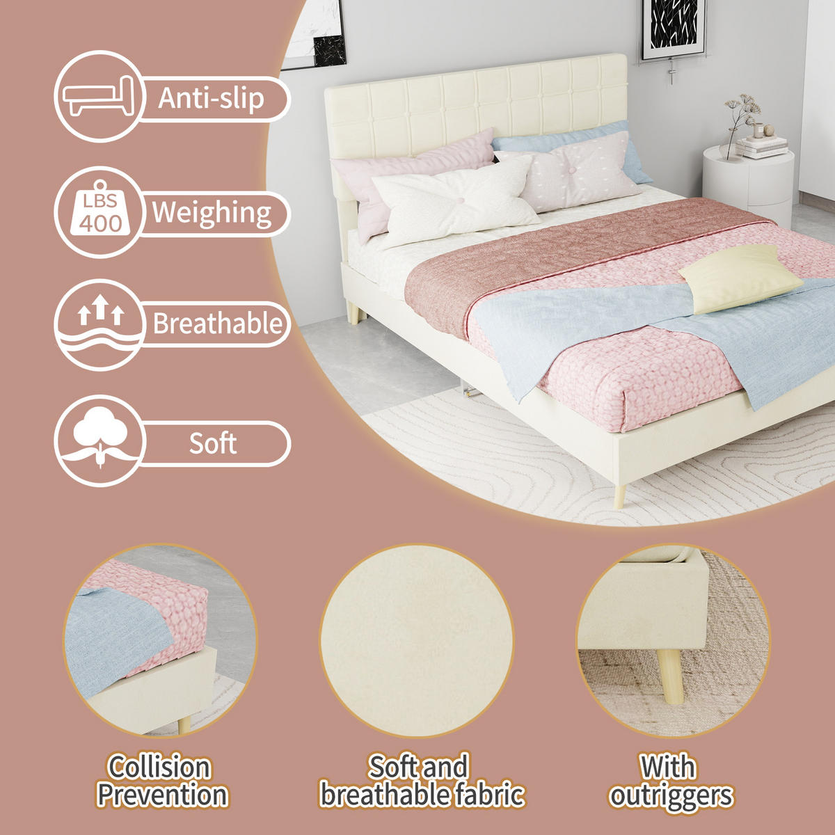 BETT mit gepolstertem Kopfteil 140x200 cm Samt Beige - Beige, Holzwerkstoff (140/200cm) - Meubliv