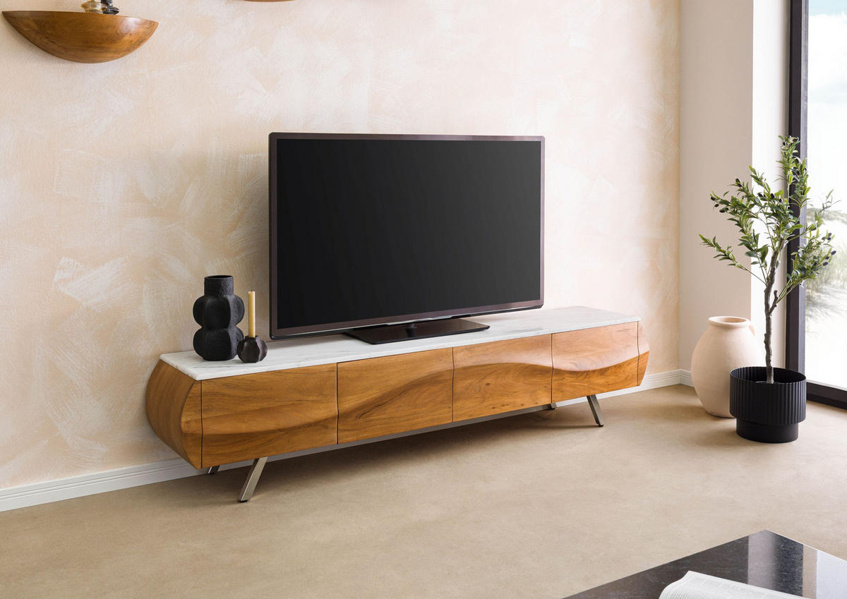 TV-BOARD Akazie 204x40x45 natur lackiert / Marmor weiß MONTREAL #124 - Naturfarben, Holz (40/45/204cm) - Massivmoebel24