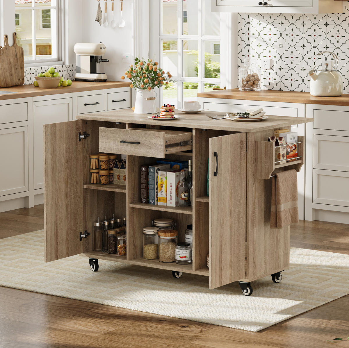 KÜCHENWAGEN mit klappbarer Arbeitsplatte 120 cm Natural - Naturfarben, Holz (67.5/92.8/136.5cm) - Beauniv