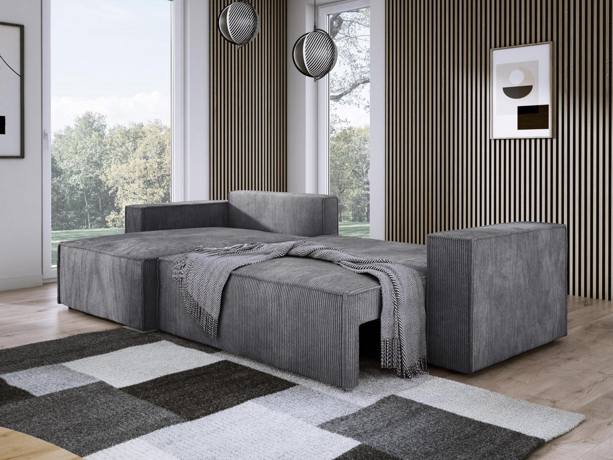 ECKSOFA POSO XL UNIVERSAL, Schlaffunktion und Lattenrost - L-Form, Cord, Federung auf Wellfedern, 274x143x83 cm, Links Grey - Grau, Holz/Textil (277/143cm) - DomoHome