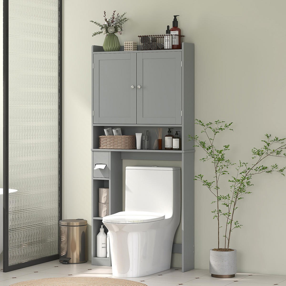 BADEZIMMERREGAL DE-15933 mit Toilettenpapierhalter Grau - Grau, Holzwerkstoff (19.5/170/80cm) - ComfortXL