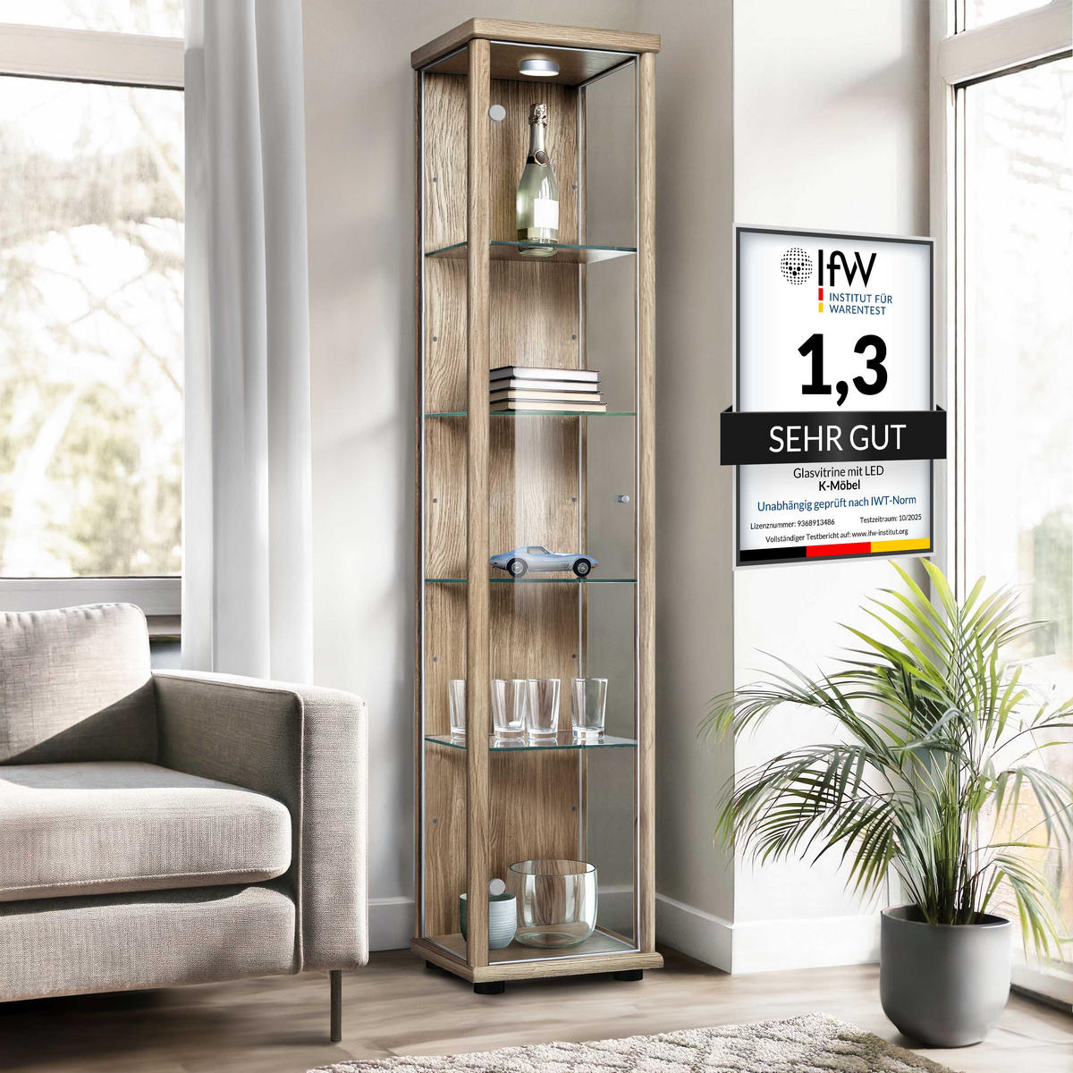 GLASVITRINE 33/37/176 cm mit LED & 4 höhenverstellbaren Glasböden - Transparent/Silberfarben, Glas/Holzwerkstoff (37/176/33cm) - K-Möbel