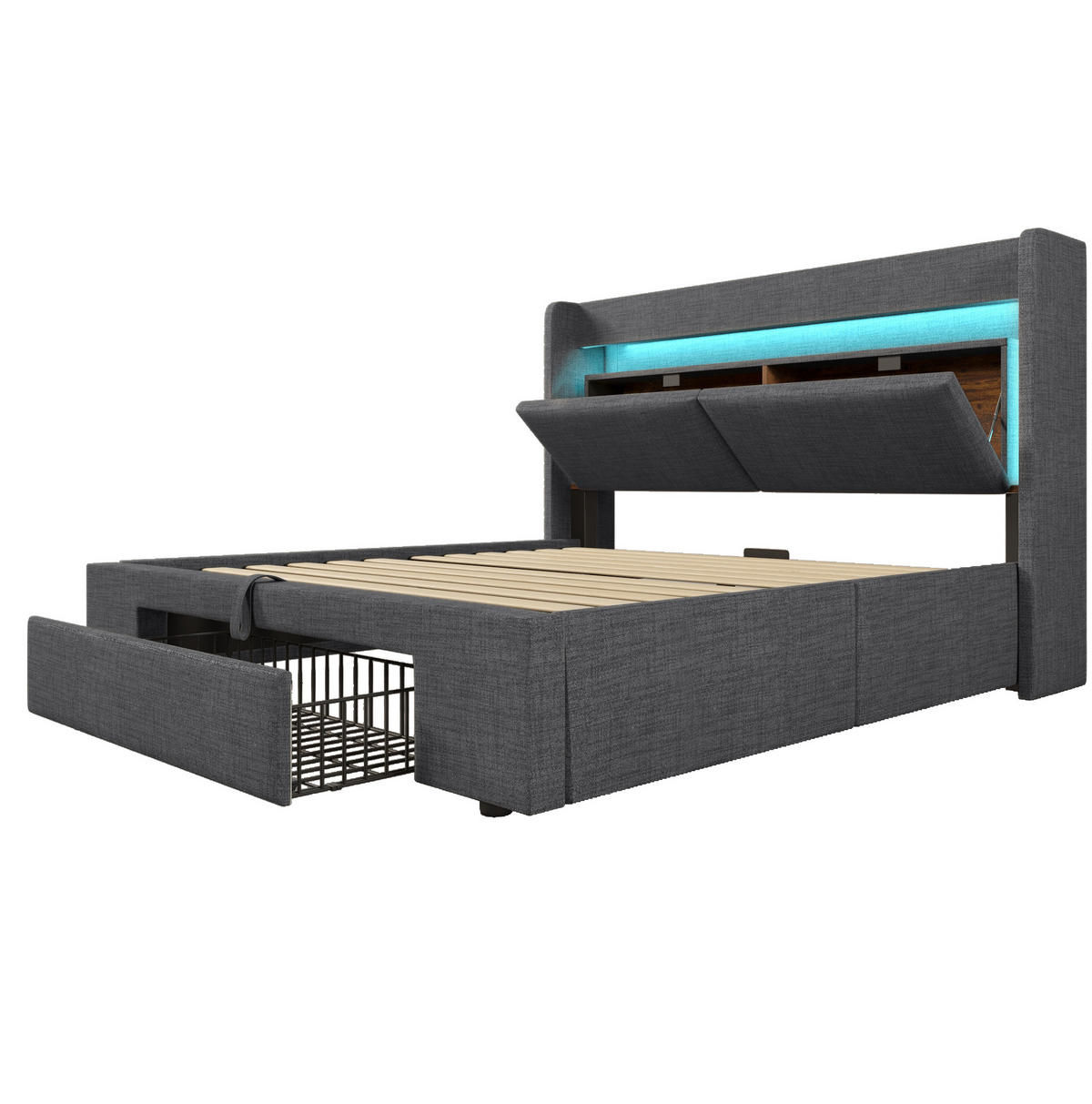 ČALOUNĚNÁ postel 160x200 cm s hydraulickým úložným prostorem, LED osvětlením, USB a USB-C portem, Šedá - šedá, textil (160/200cm) - Redom