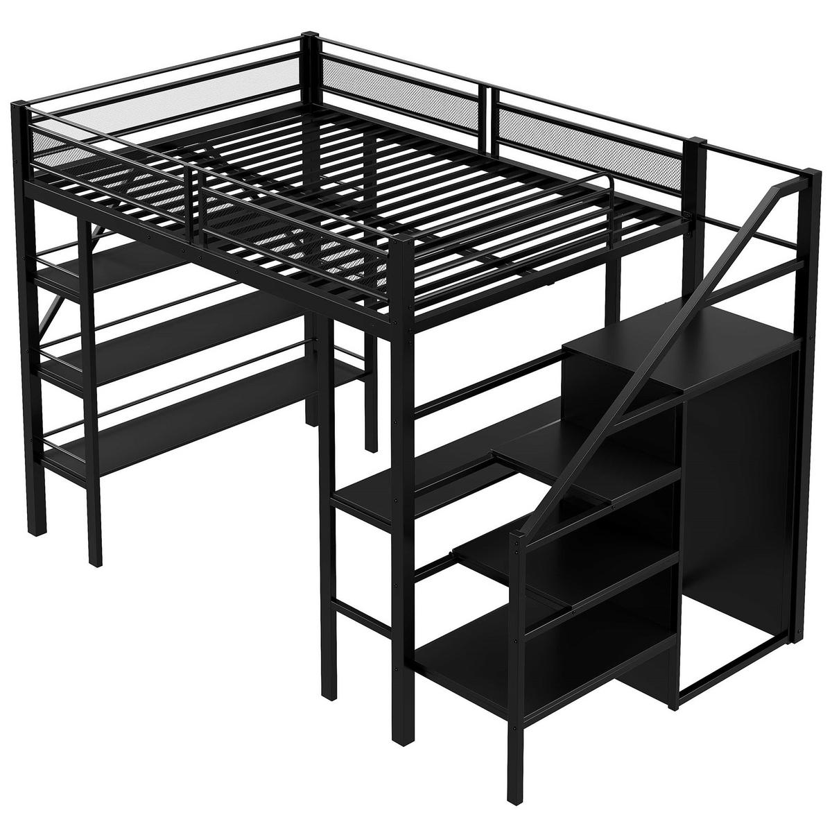 HOCHBETT 140/200 cm Schwarz mit Schreibtisch und Ablageregal aus Metall - Schwarz, Metall (140/200cm) - OKWISH