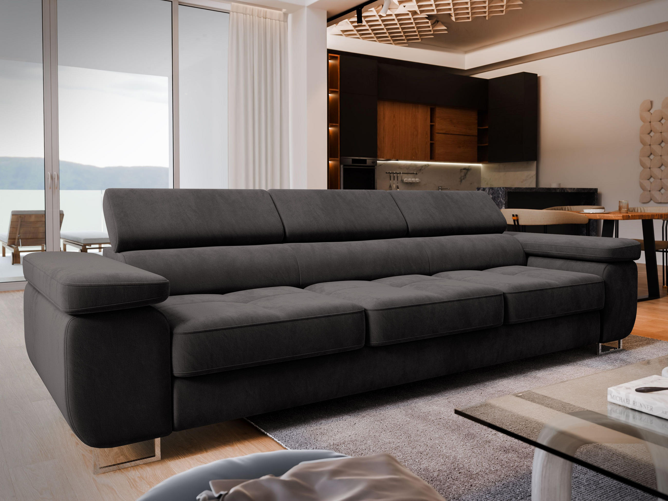 BETTSOFA MOSINE Schwarz Velours-Stoff mit Schlaffunktion - Schwarz, Textil (281/87/98cm) - MASSENO
