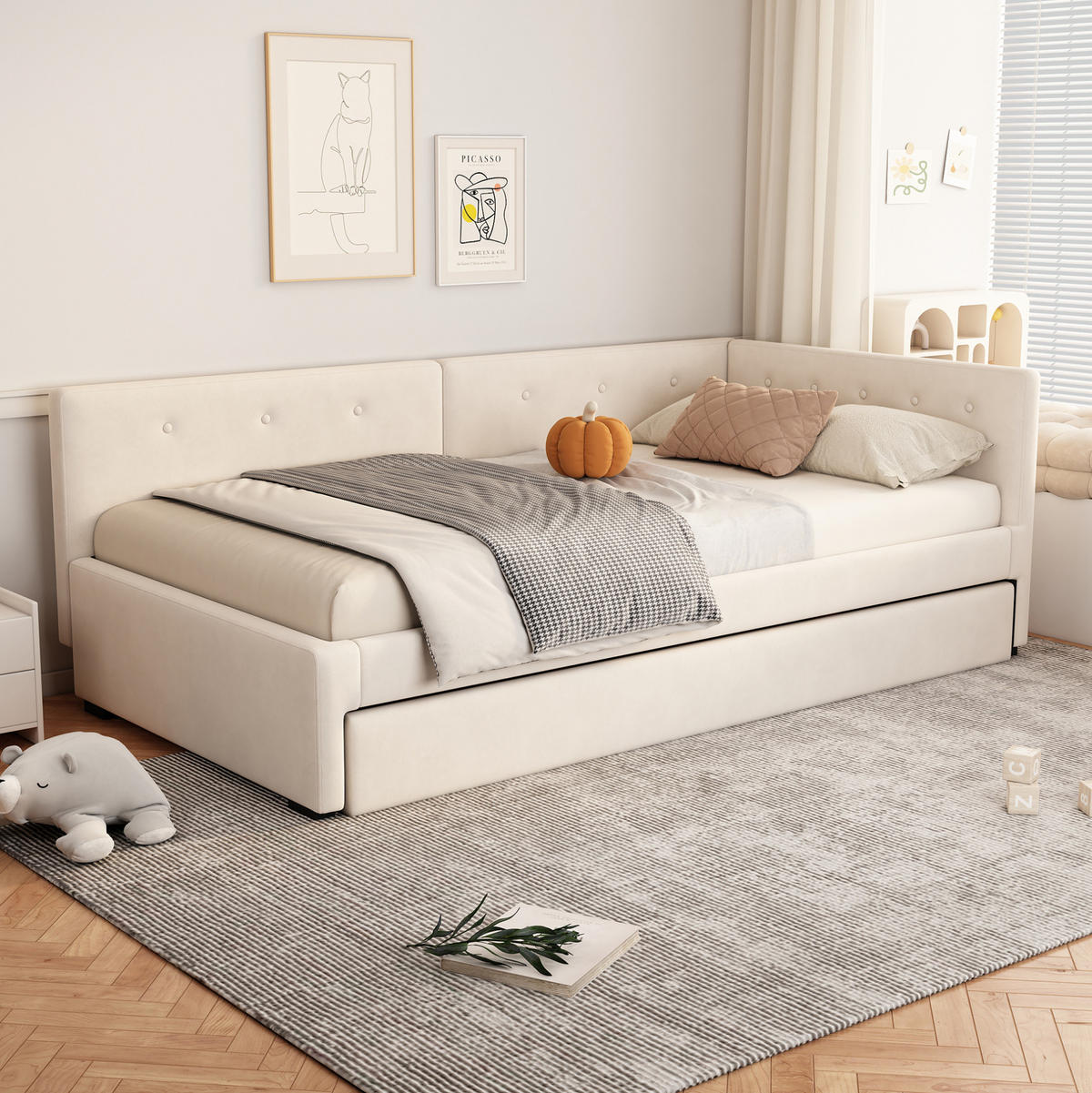 BETT 90/200 cm Beige aus Samt mit ausziehbarem Rollbett - Beige, Textil (90/200cm) - OKMYHOME