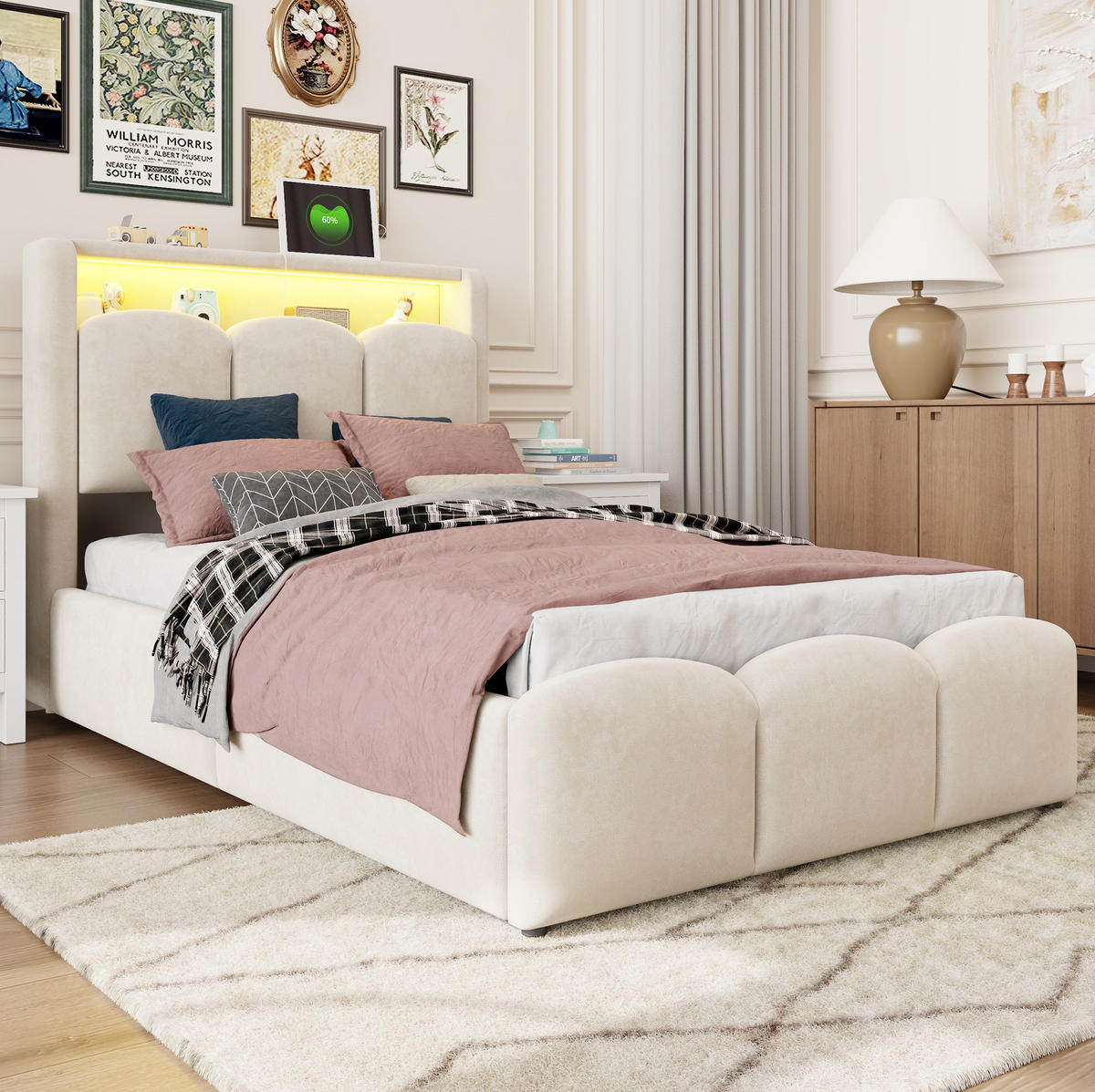 POLSTERBETT 90x200 cm in Beige mit LED, USB-C und hydraulischem Stauraum - Beige, Textil (90/200cm) - IVMEU