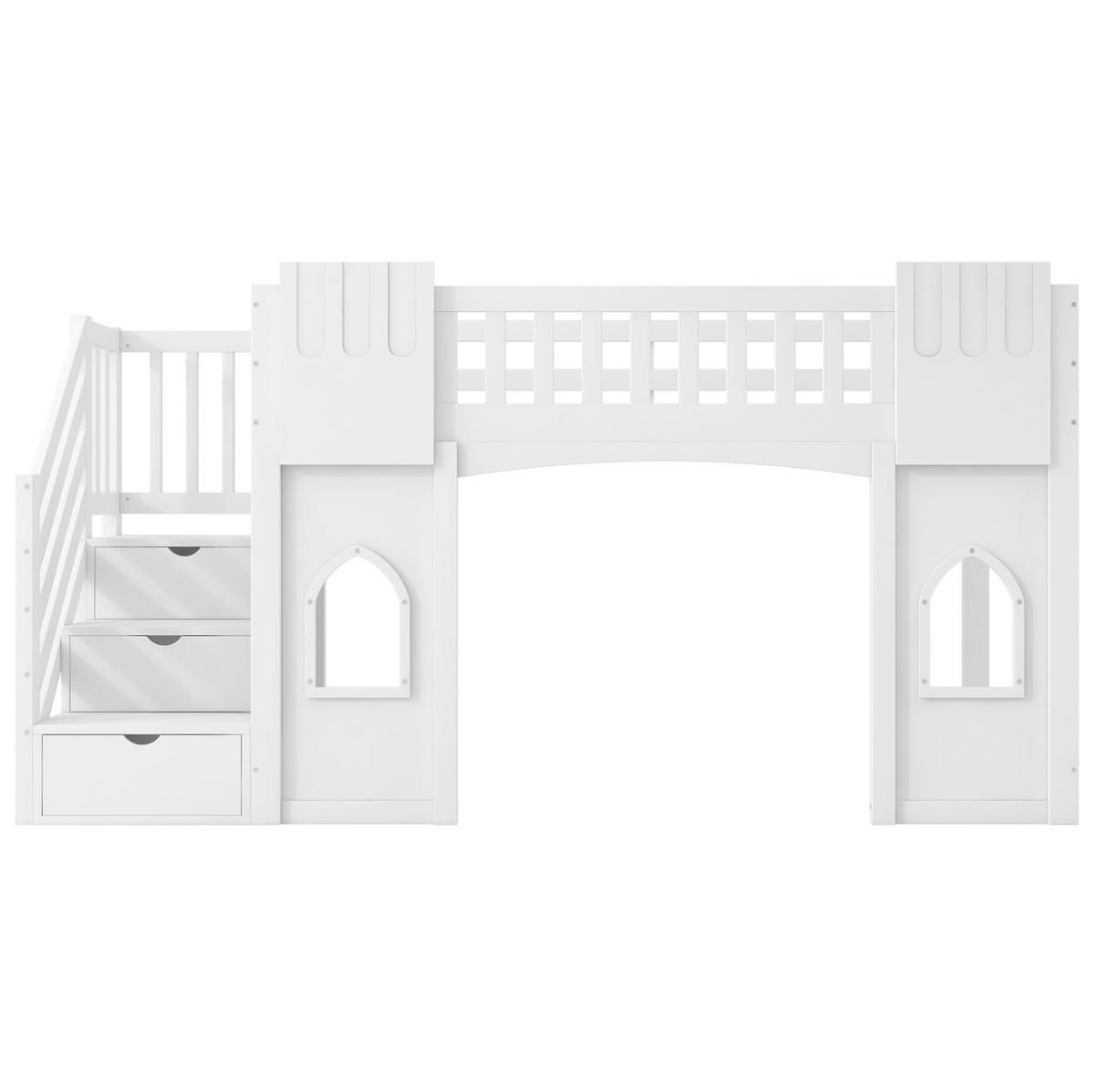 HOCHBETT 90/200 cm mit Stauraumtreppe, Fenstern und Rundum-Schutz, Weiß - Weiß, Holzwerkstoff (90/200cm) - Redom
