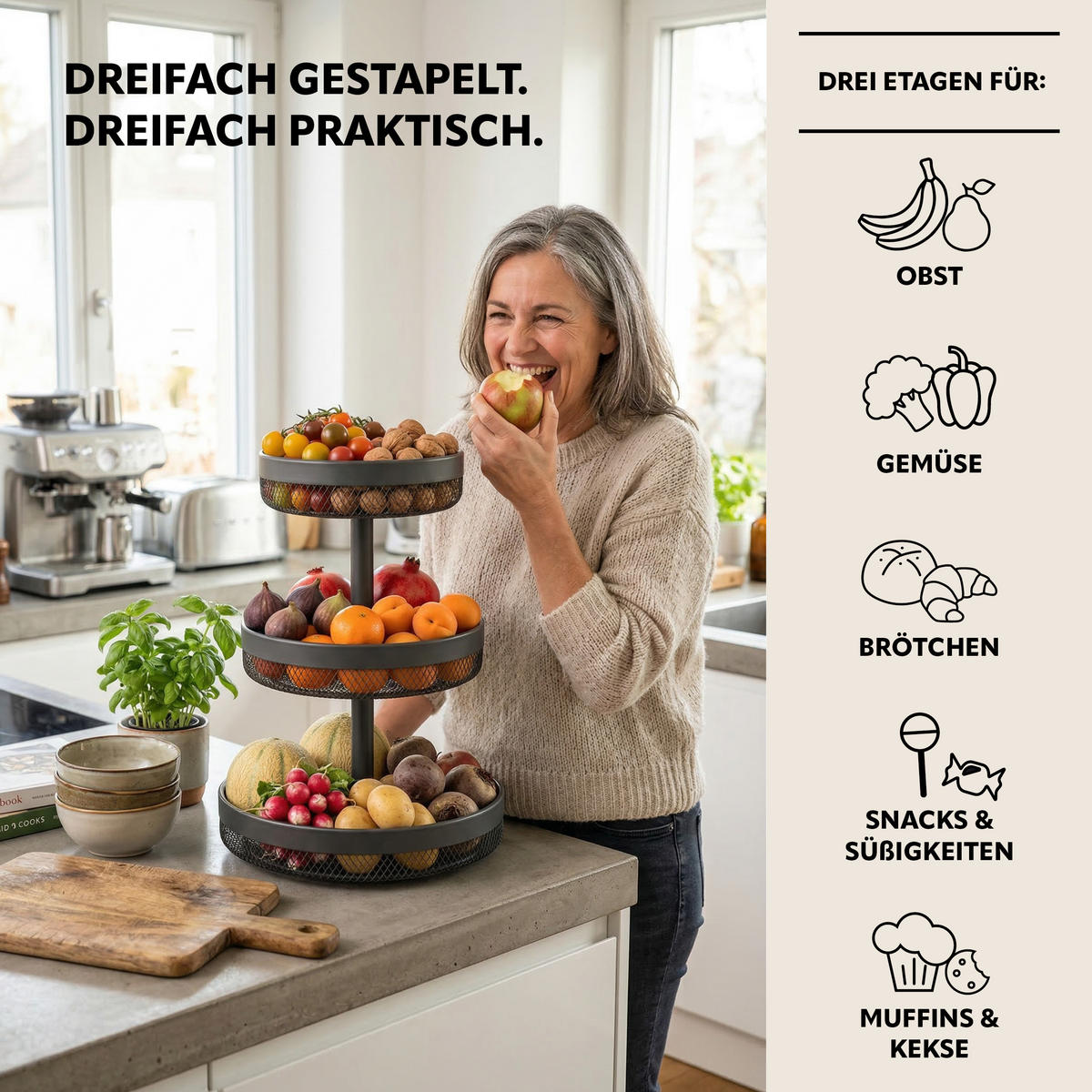 OBSTETAGERE rund, 3-stöckig, Ø 20 cm, 25 cm und 30 cm, grau, Metall - Grau, Metall (42cm) - eluno